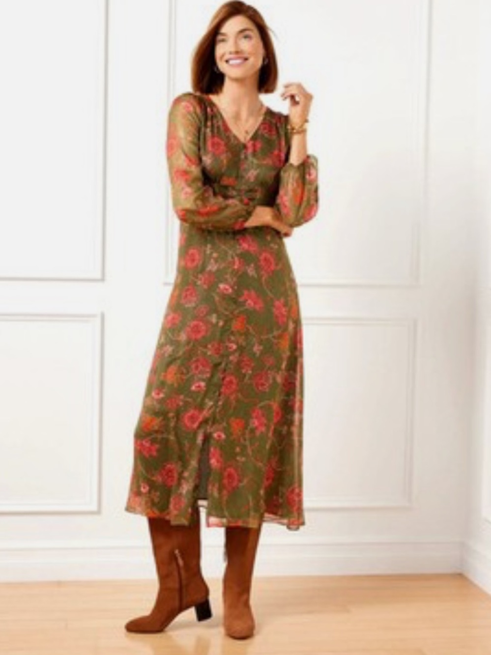 Talbots Talbots Floral Metallic Stripe
Button Front Midi Dress!